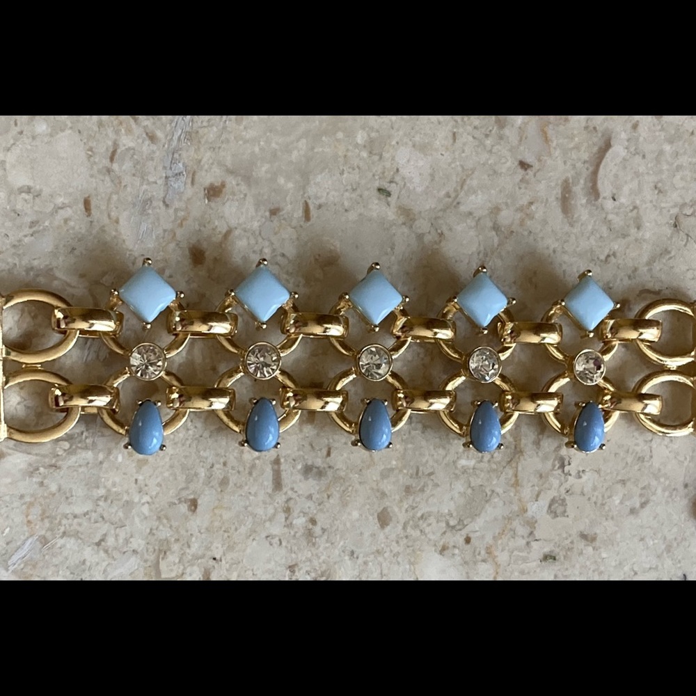 ANN TAYLOR Loft Gold Tone, Crystal & Blue Cabochon Bracelet